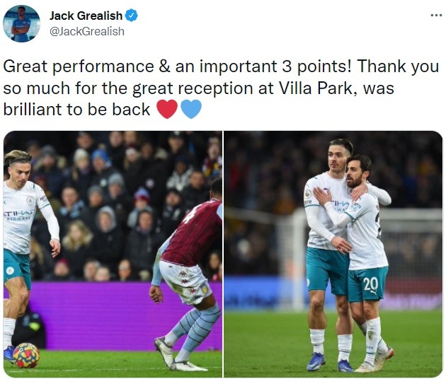 格拉利什社媒发文:感谢维拉球迷的热情欢迎,回来的感觉真好!