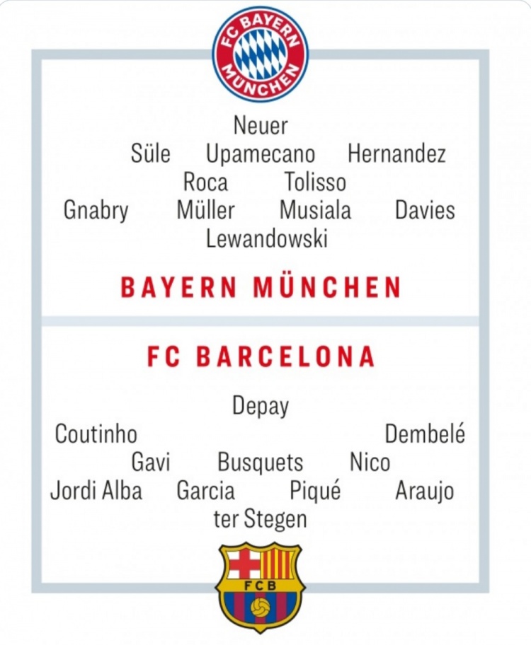 踢球者预测拜仁vs巴萨双方首发,莱万与登贝莱等人在列